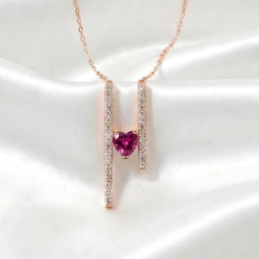 Fuchsia Heart Bar Pendant in Rose Gold