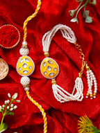 Traditional Pearl Rakhi & Bracelet Set with Kundan Work– Free Chawal & Kumkum