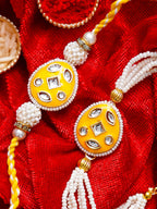 Traditional Pearl Rakhi & Bracelet Set with Kundan Work– Free Chawal & Kumkum