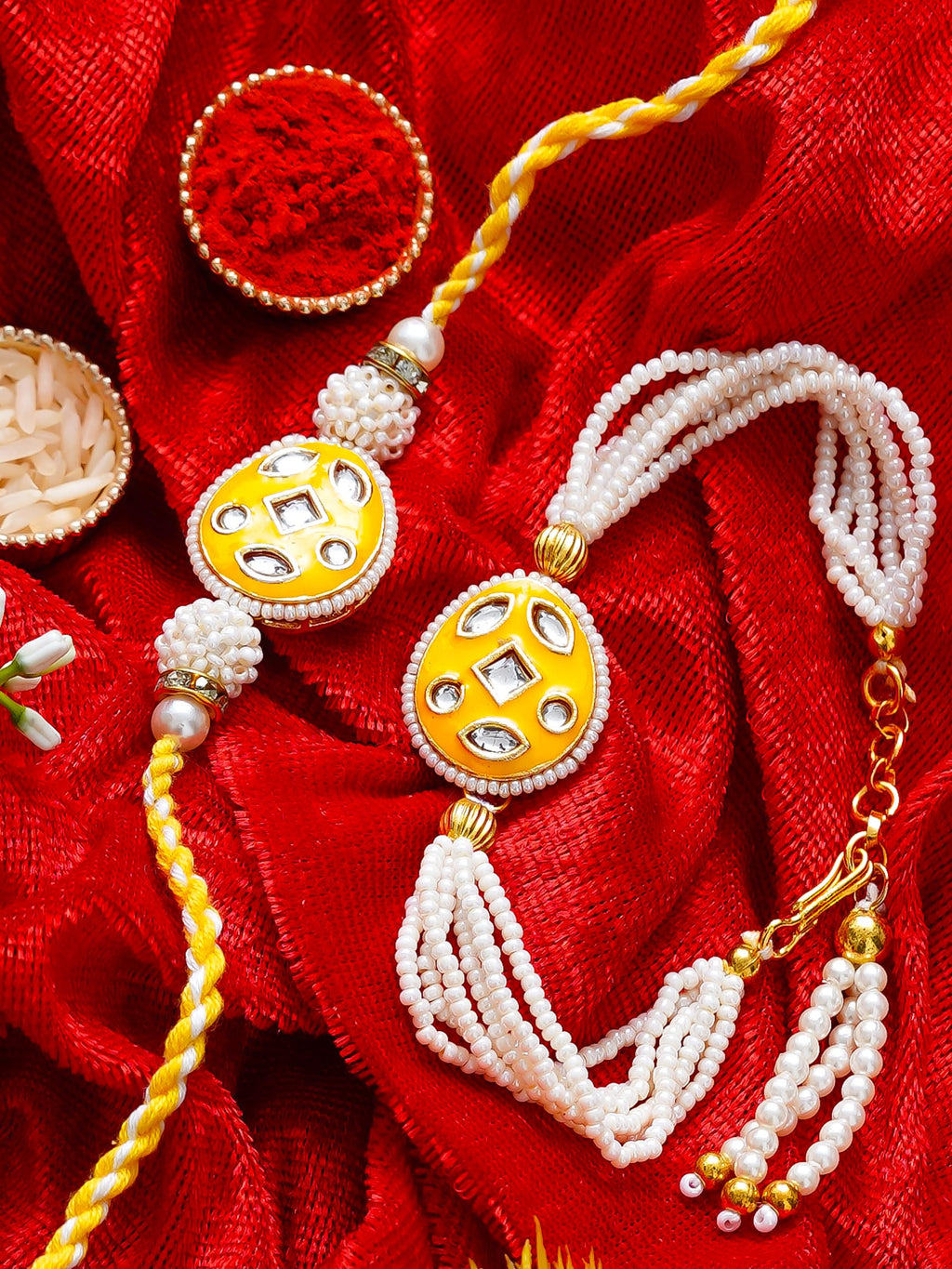 Traditional Pearl Rakhi & Bracelet Set with Kundan Work– Free Chawal & Kumkum