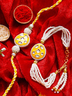Traditional Pearl Rakhi & Bracelet Set with Kundan Work– Free Chawal & Kumkum