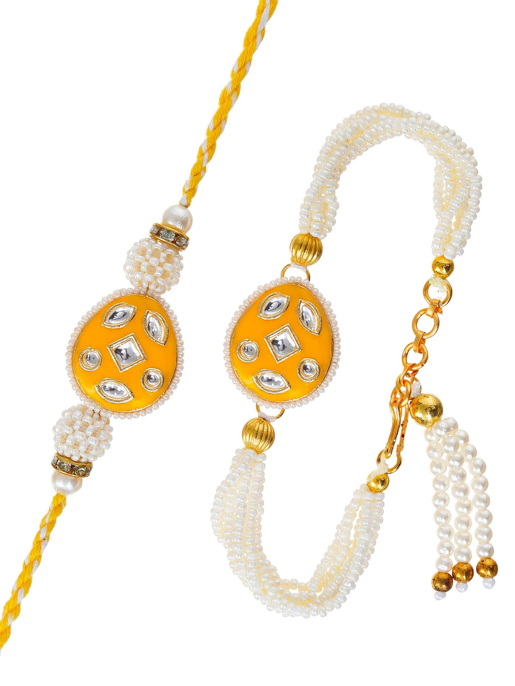 Traditional Pearl Rakhi & Bracelet Set with Kundan Work– Free Chawal & Kumkum