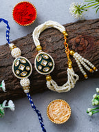 Traditional Pearl Rakhi & Bracelet Set with Kundan Work– Free Chawal & Kumkum