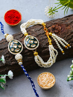Traditional Pearl Rakhi & Bracelet Set with Kundan Work– Free Chawal & Kumkum