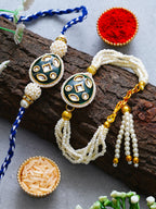 Traditional Pearl Rakhi & Bracelet Set with Kundan Work– Free Chawal & Kumkum