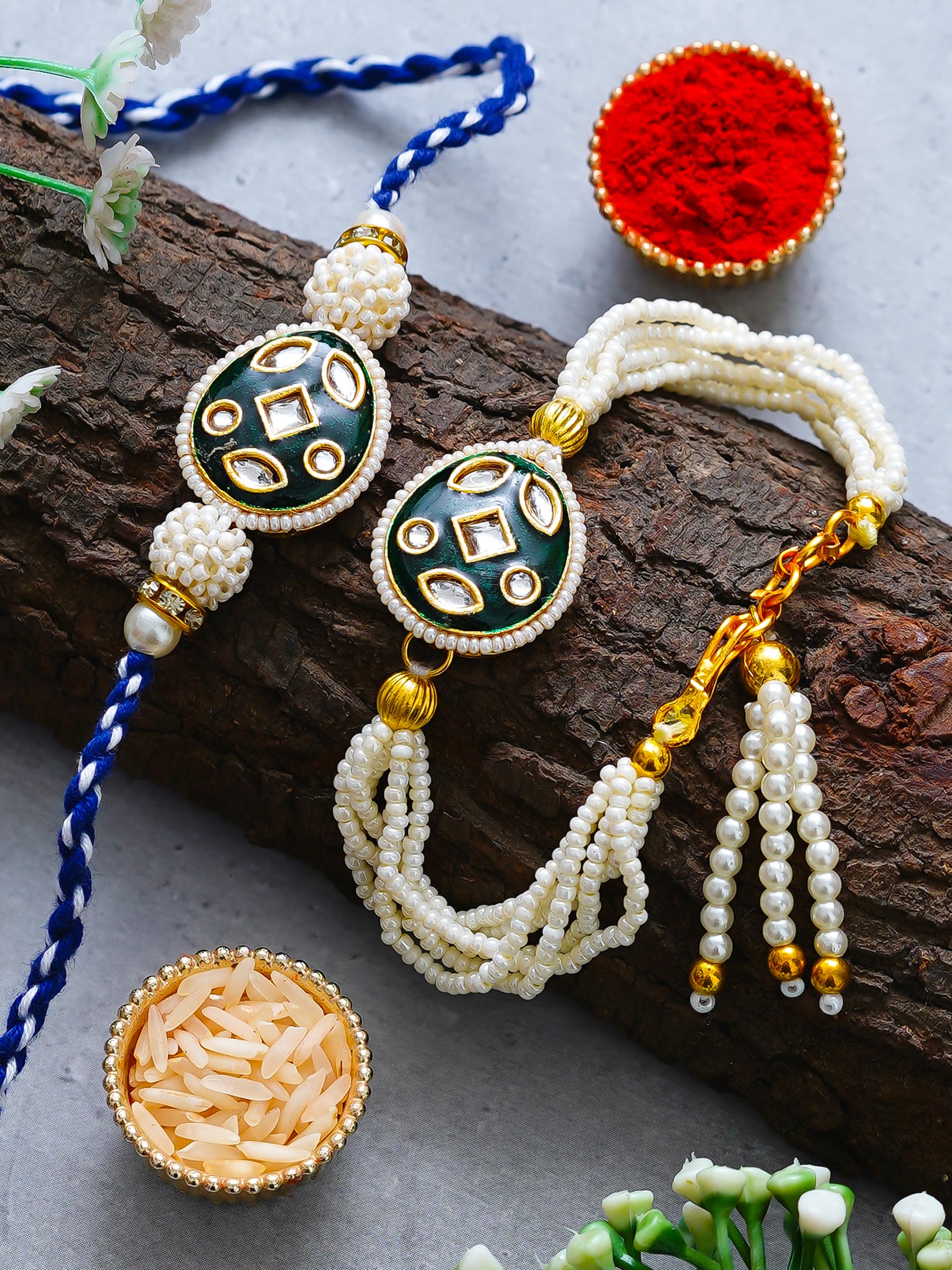 Traditional Pearl Rakhi & Bracelet Set with Kundan Work– Free Chawal & Kumkum