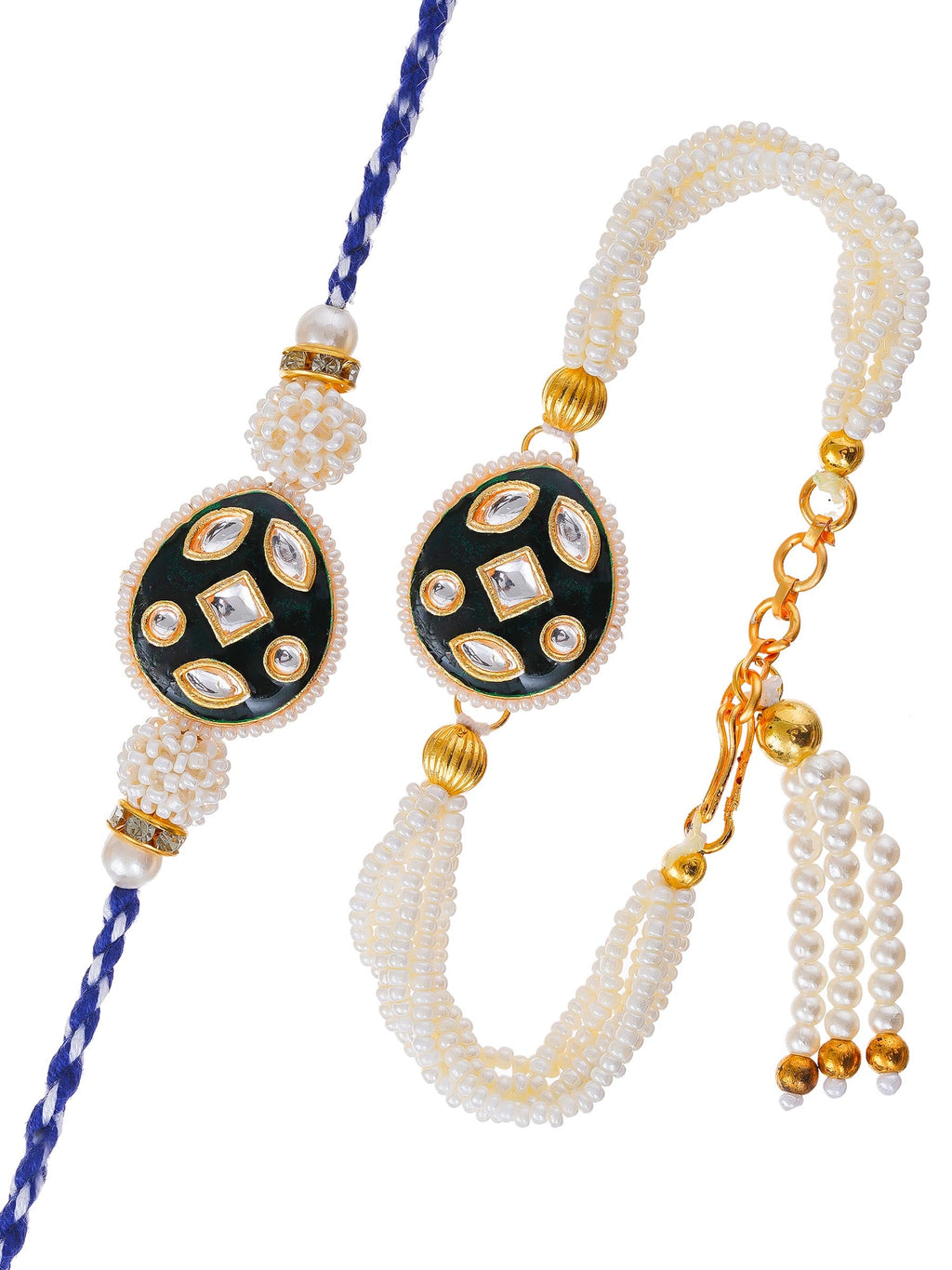 Traditional Pearl Rakhi & Bracelet Set with Kundan Work– Free Chawal & Kumkum