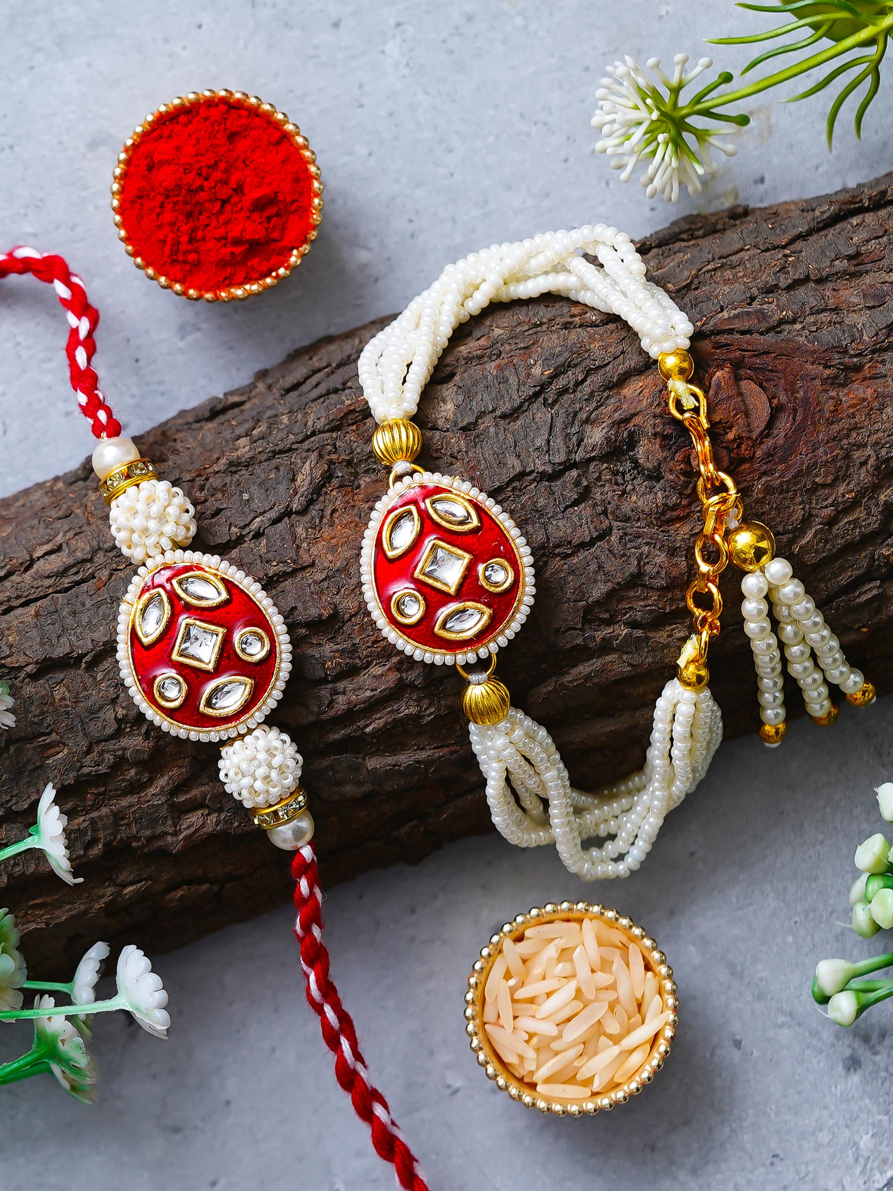 Traditional Pearl Rakhi & Bracelet Set with Kundan Work– Free Chawal & Kumkum