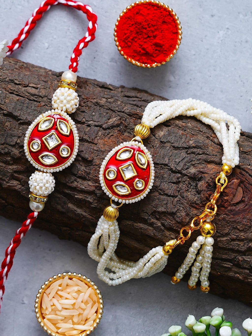 Traditional Pearl Rakhi & Bracelet Set with Kundan Work– Free Chawal & Kumkum