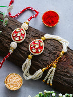 Traditional Pearl Rakhi & Bracelet Set with Kundan Work– Free Chawal & Kumkum