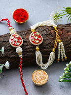 Traditional Pearl Rakhi & Bracelet Set with Kundan Work– Free Chawal & Kumkum