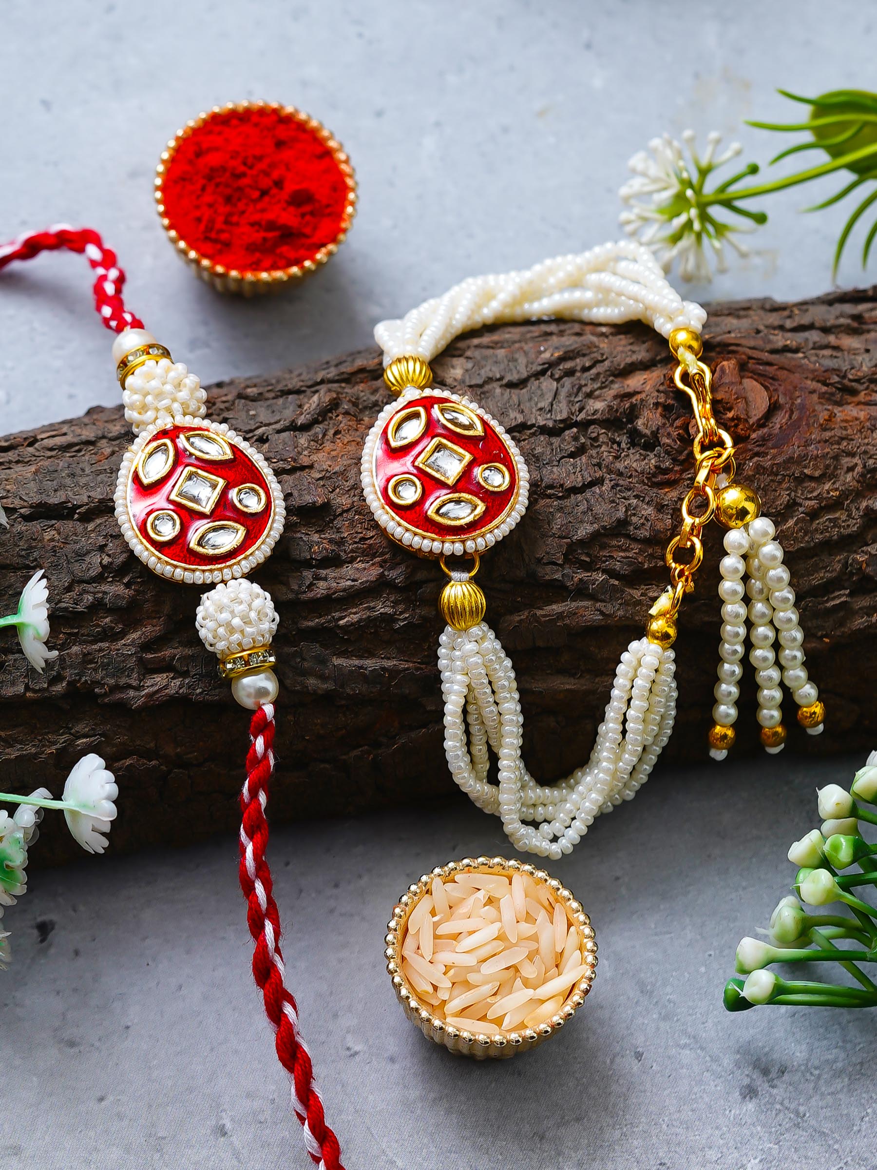 Traditional Pearl Rakhi & Bracelet Set with Kundan Work– Free Chawal & Kumkum