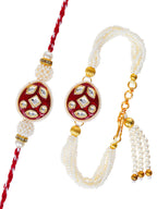 Traditional Pearl Rakhi & Bracelet Set with Kundan Work– Free Chawal & Kumkum