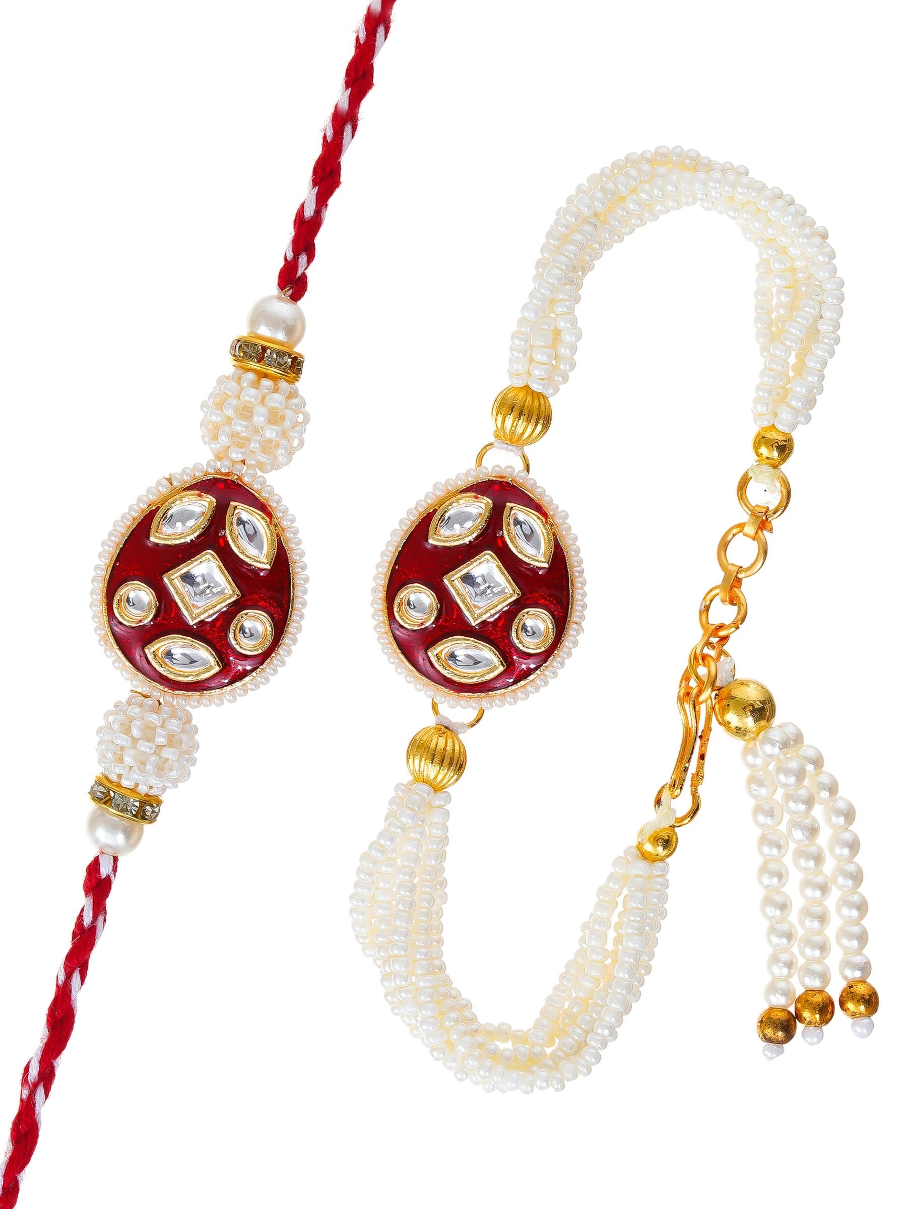 Traditional Pearl Rakhi & Bracelet Set with Kundan Work– Free Chawal & Kumkum