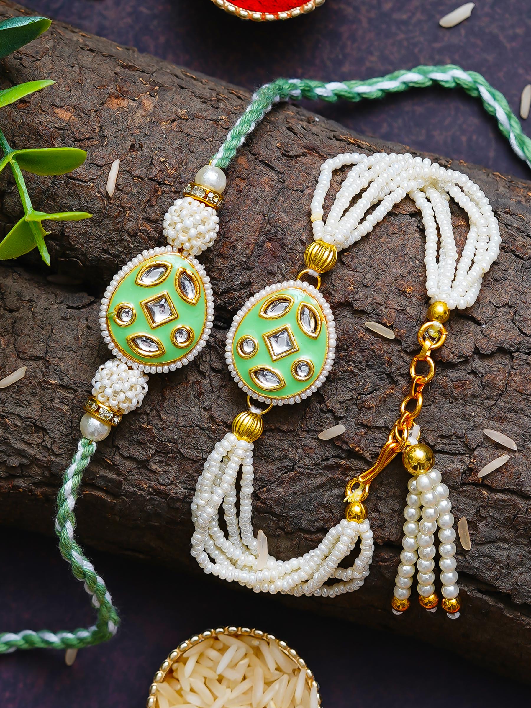 Traditional Pearl Rakhi & Bracelet Set with Kundan Work– Free Chawal & Kumkum