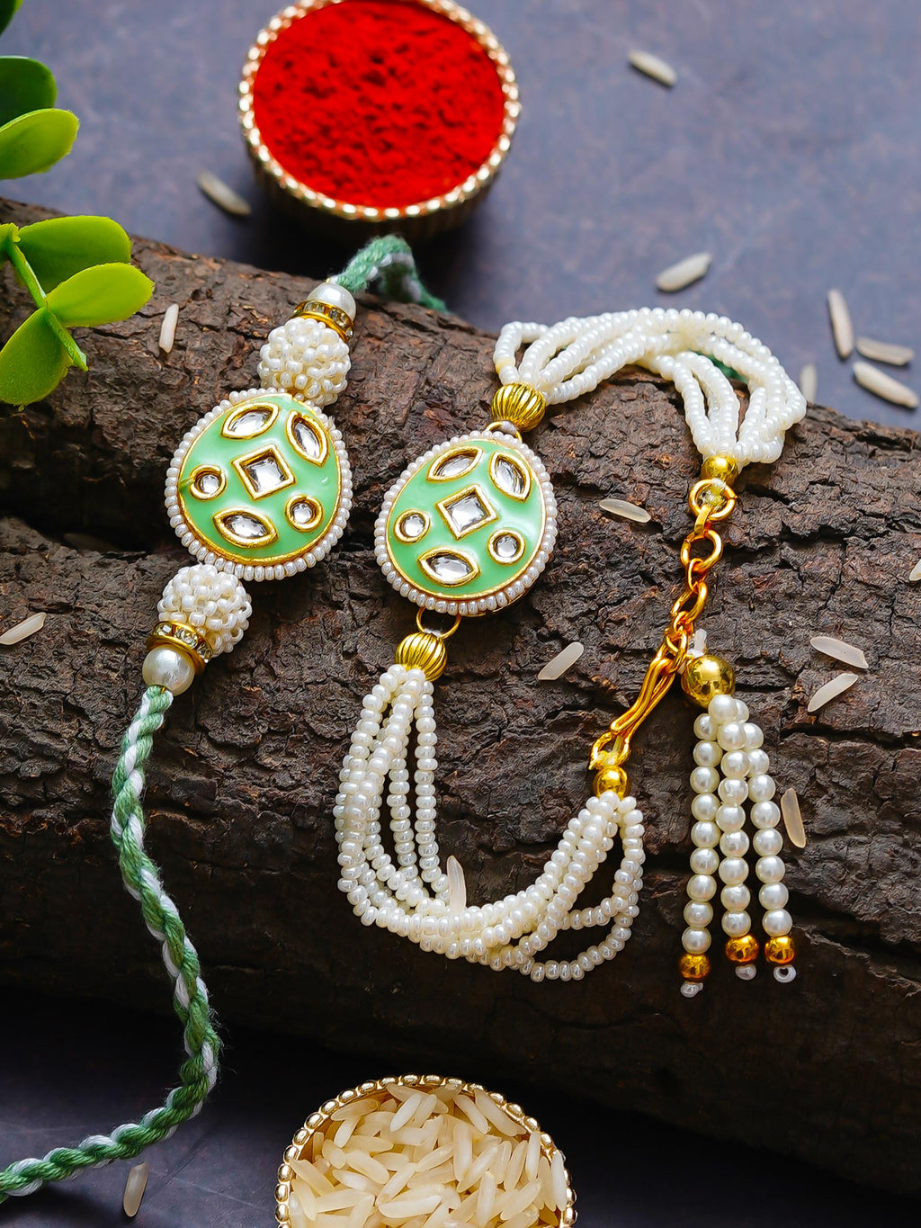 Traditional Pearl Rakhi & Bracelet Set with Kundan Work– Free Chawal & Kumkum