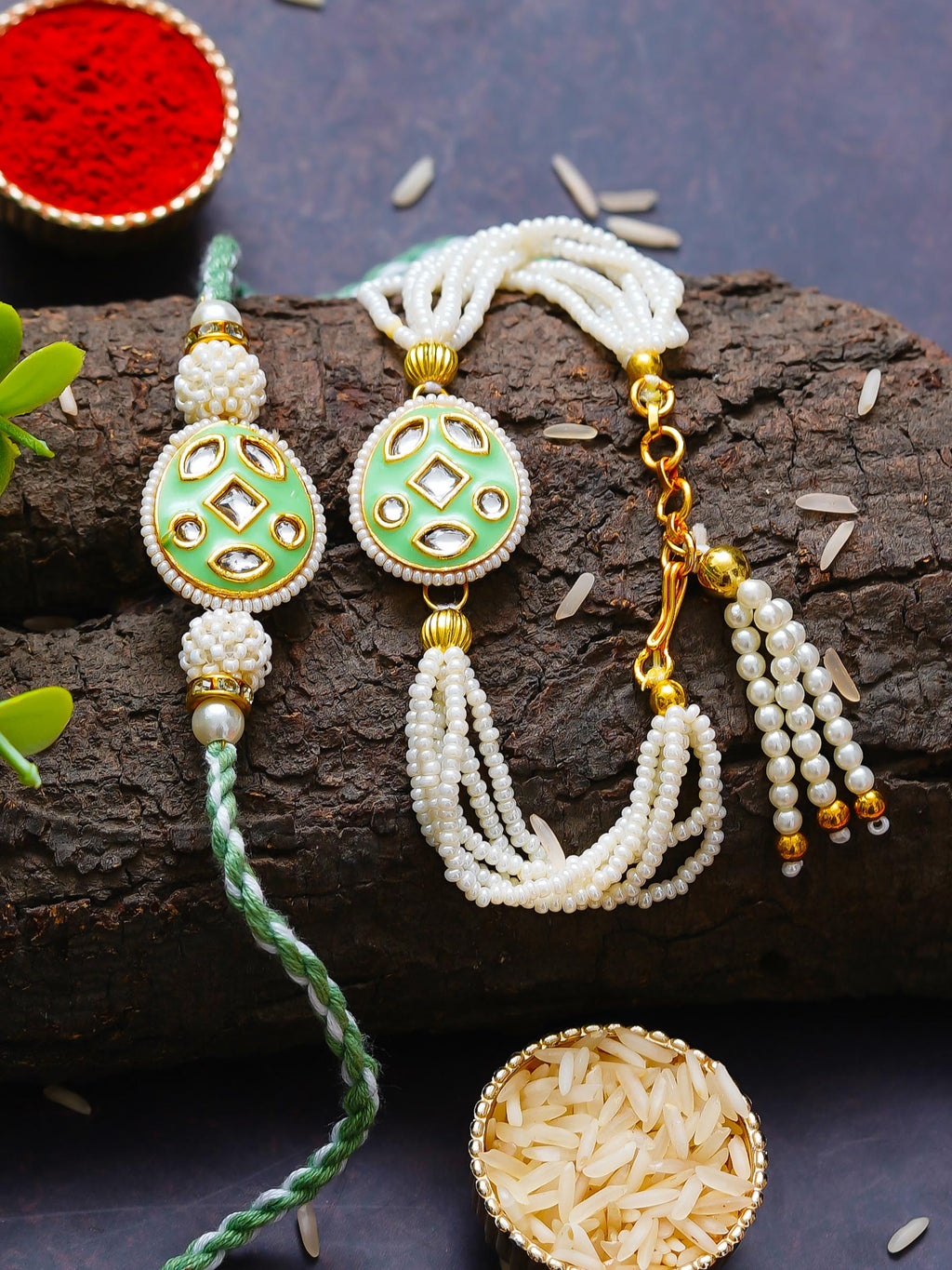 Traditional Pearl Rakhi & Bracelet Set with Kundan Work– Free Chawal & Kumkum