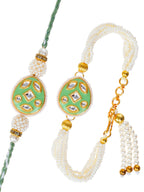Traditional Pearl Rakhi & Bracelet Set with Kundan Work– Free Chawal & Kumkum