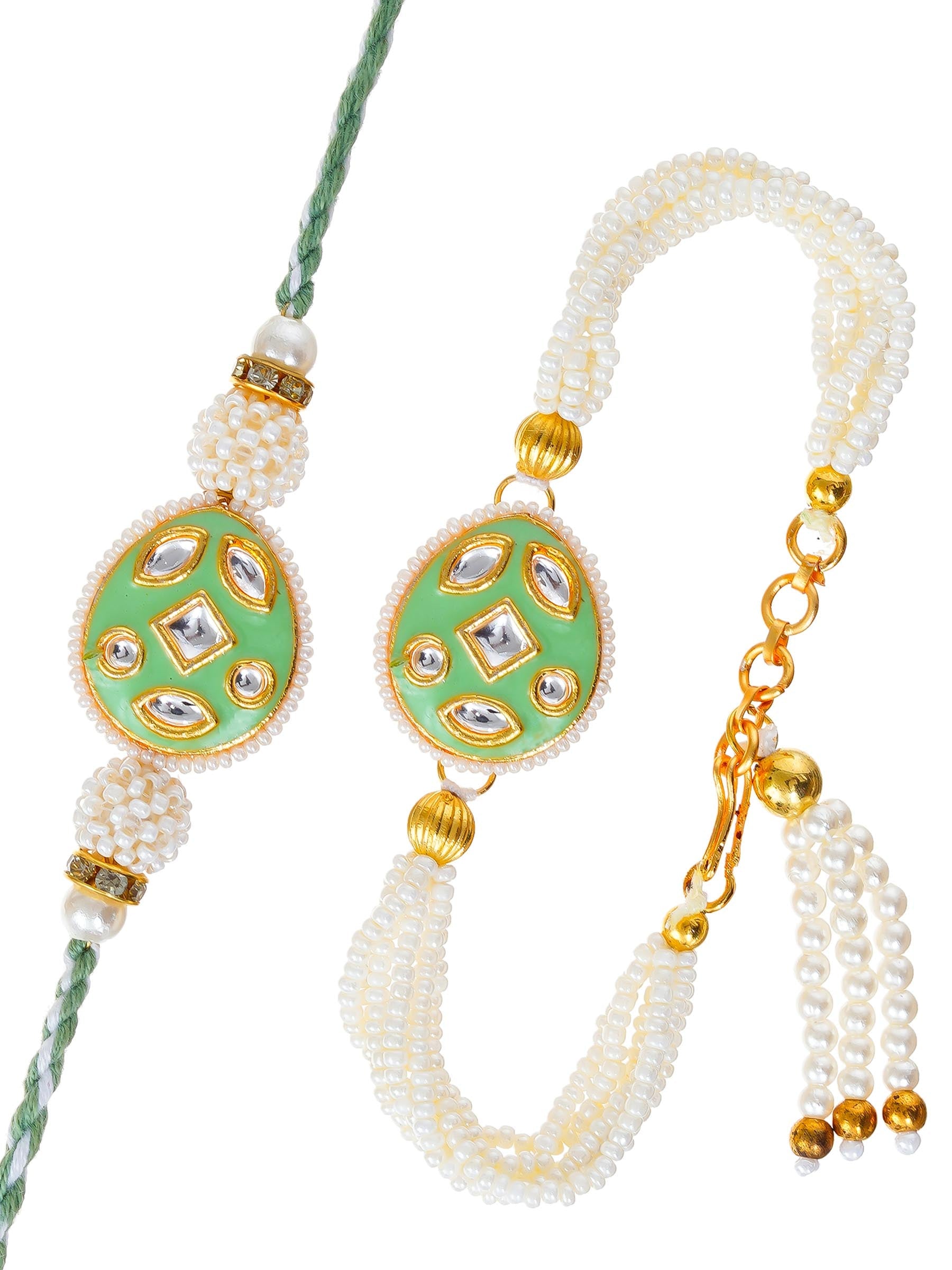 Traditional Pearl Rakhi & Bracelet Set with Kundan Work– Free Chawal & Kumkum