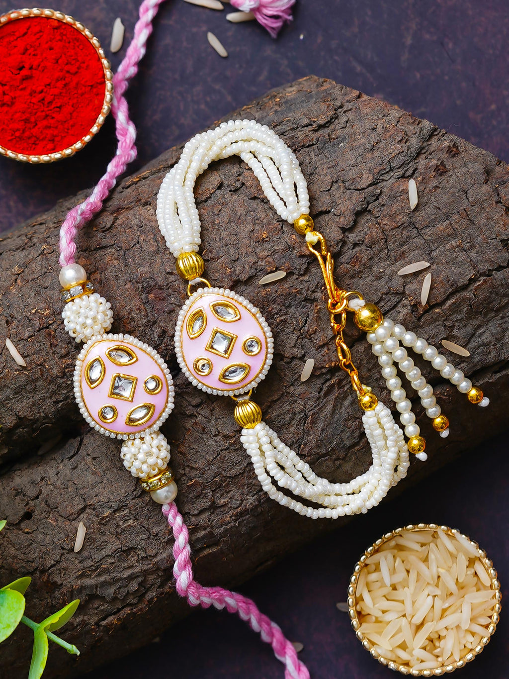 Traditional Pearl Rakhi & Bracelet Set with Kundan Work– Free Chawal & Kumkum