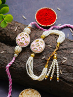 Traditional Pearl Rakhi & Bracelet Set with Kundan Work– Free Chawal & Kumkum