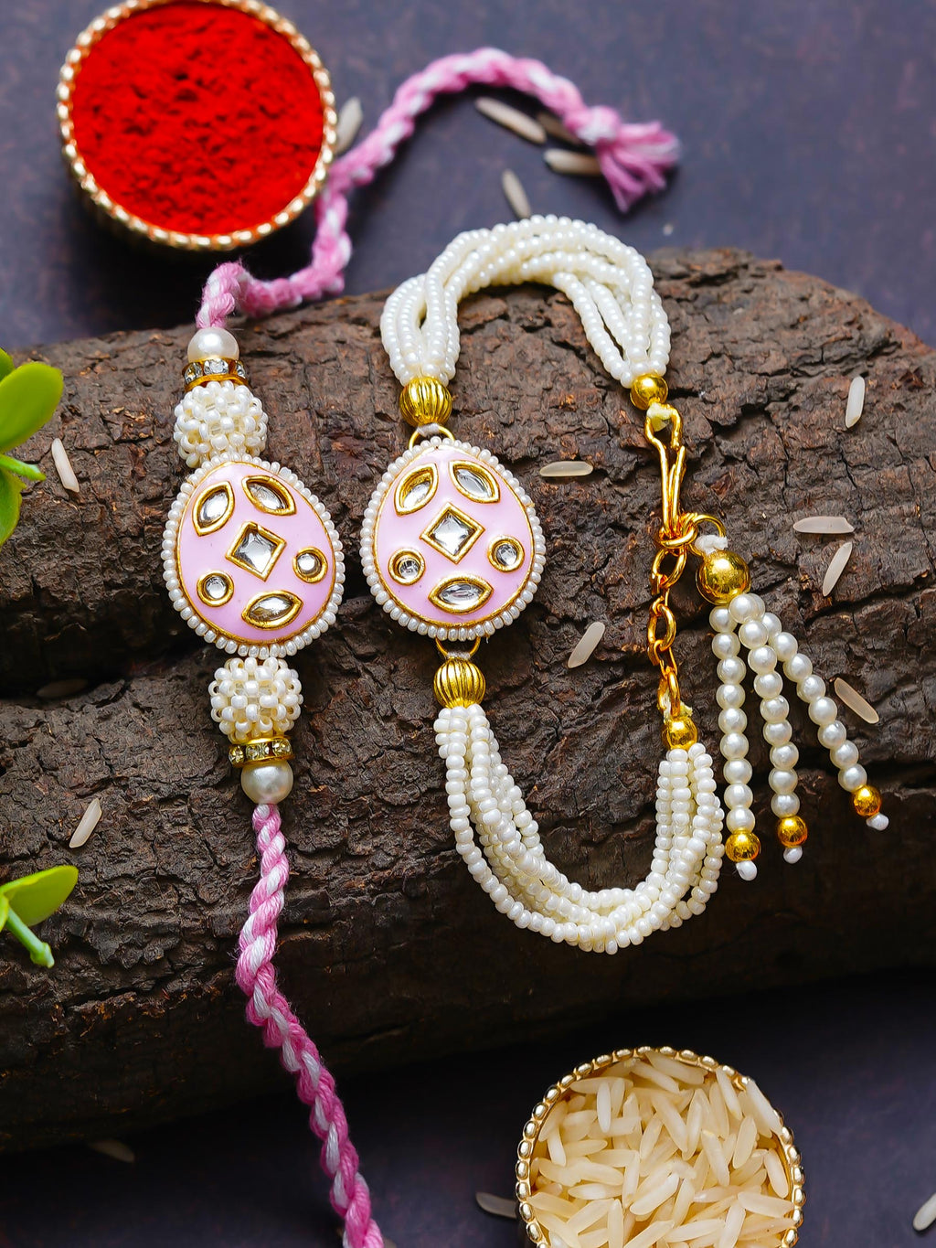 Traditional Pearl Rakhi & Bracelet Set with Kundan Work– Free Chawal & Kumkum