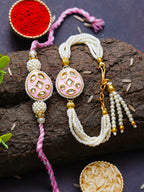 Traditional Pearl Rakhi & Bracelet Set with Kundan Work– Free Chawal & Kumkum