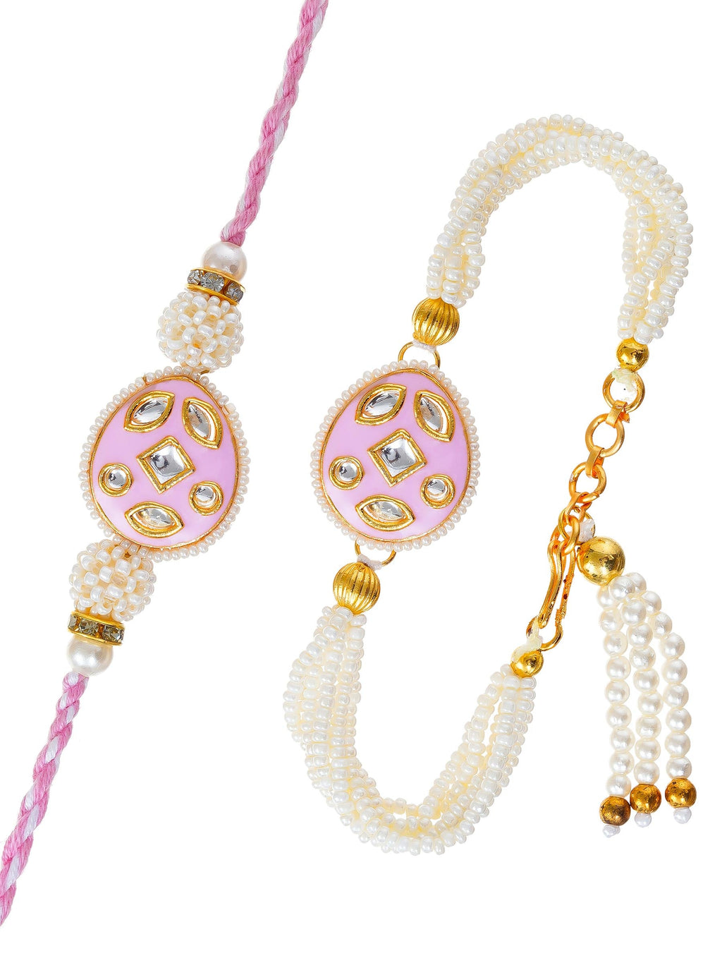 Traditional Pearl Rakhi & Bracelet Set with Kundan Work– Free Chawal & Kumkum