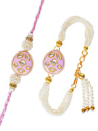 Traditional Pearl Rakhi & Bracelet Set with Kundan Work– Free Chawal & Kumkum