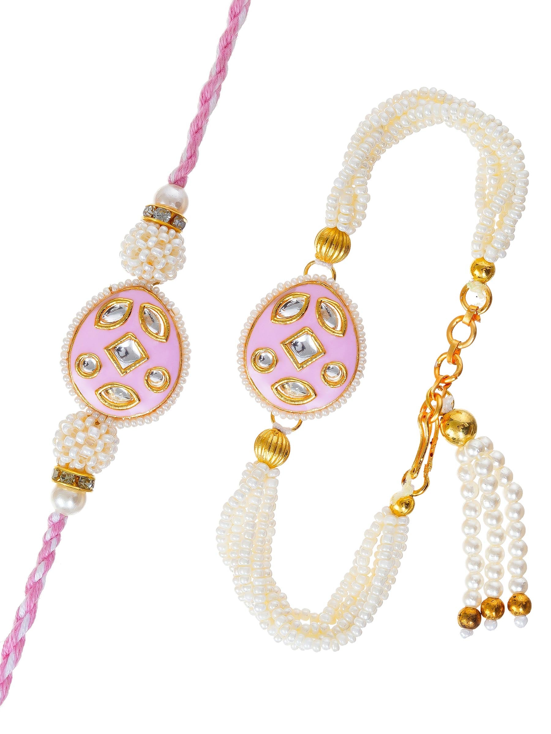 Traditional Pearl Rakhi & Bracelet Set with Kundan Work– Free Chawal & Kumkum