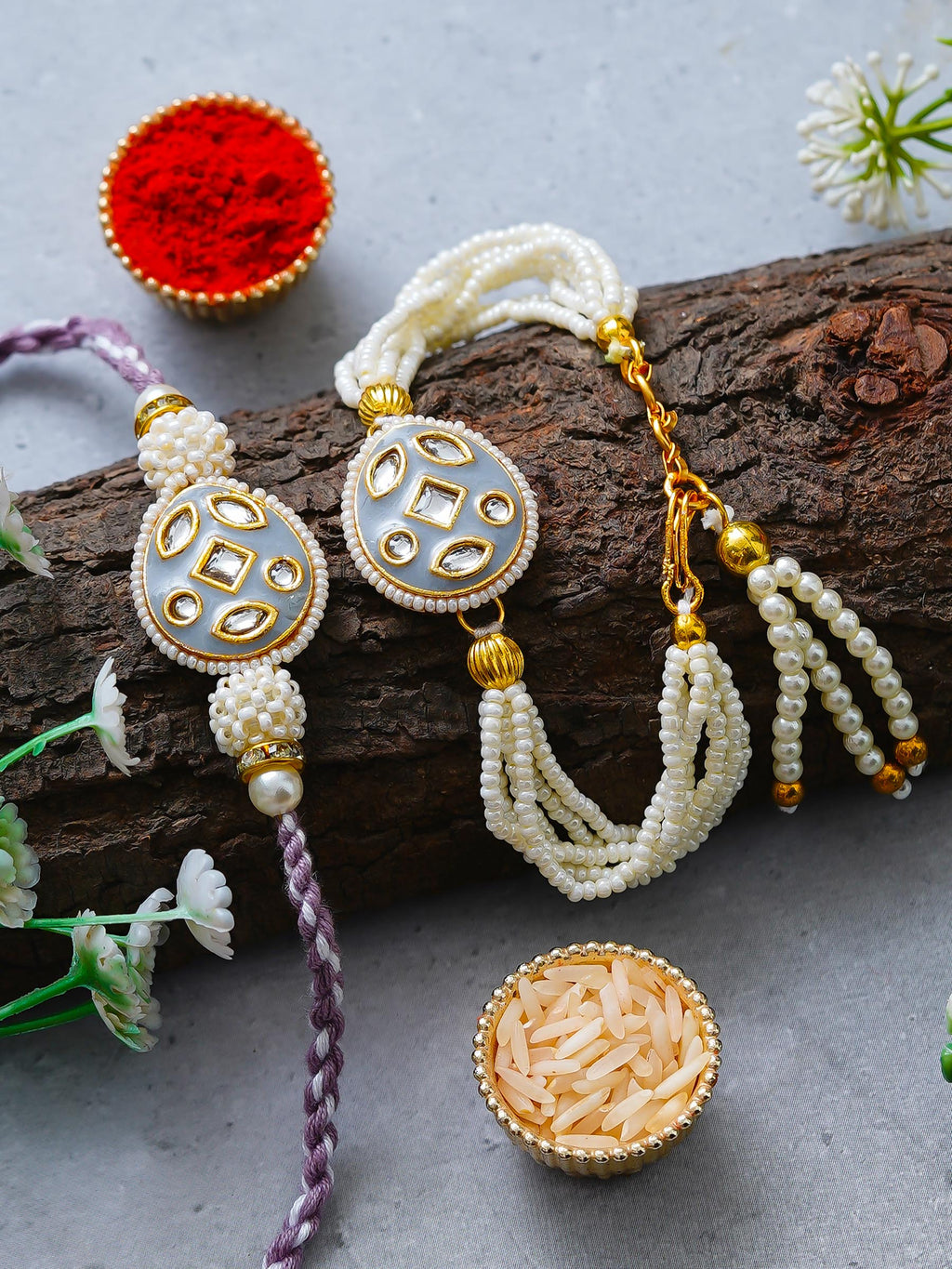 Traditional Pearl Rakhi & Bracelet Set with Kundan Work– Free Chawal & Kumkum
