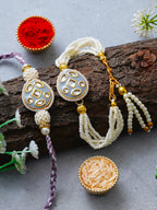 Traditional Pearl Rakhi & Bracelet Set with Kundan Work– Free Chawal & Kumkum
