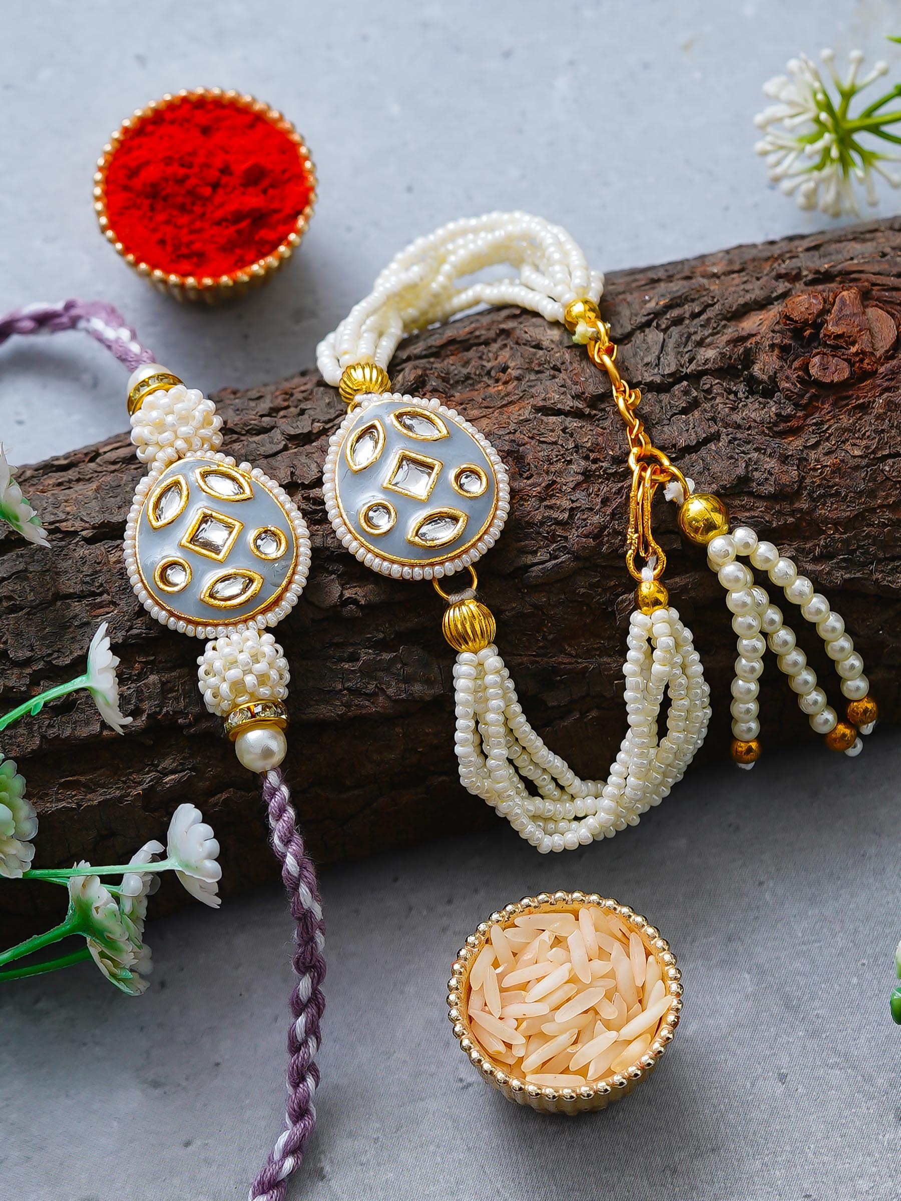 Traditional Pearl Rakhi & Bracelet Set with Kundan Work– Free Chawal & Kumkum