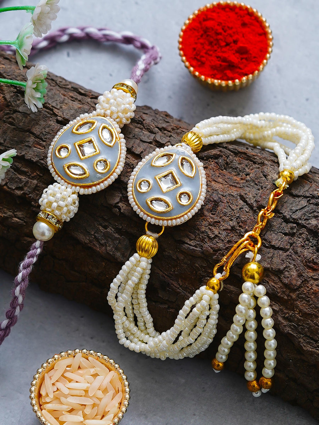 Traditional Pearl Rakhi & Bracelet Set with Kundan Work– Free Chawal & Kumkum