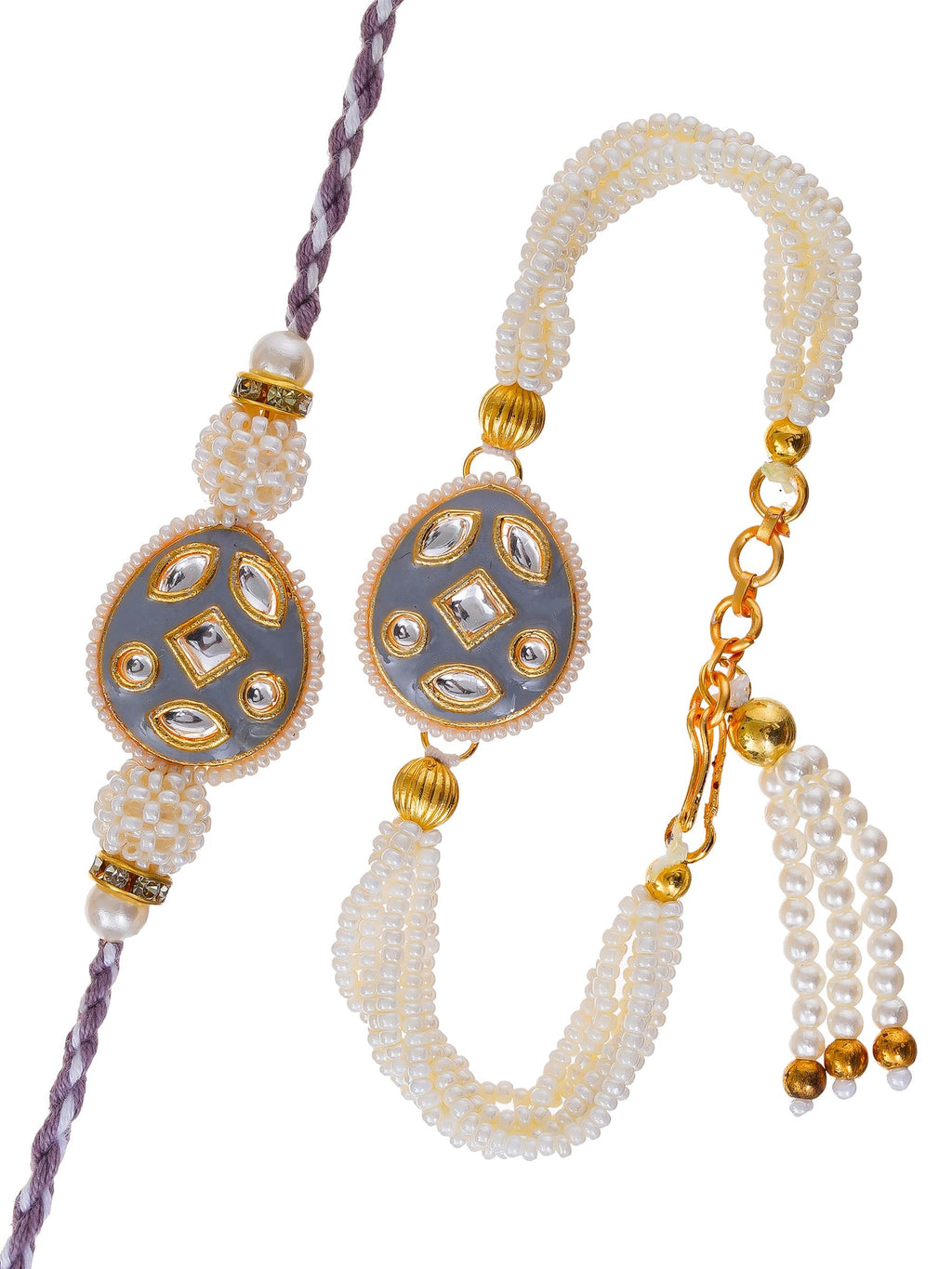 Traditional Pearl Rakhi & Bracelet Set with Kundan Work– Free Chawal & Kumkum