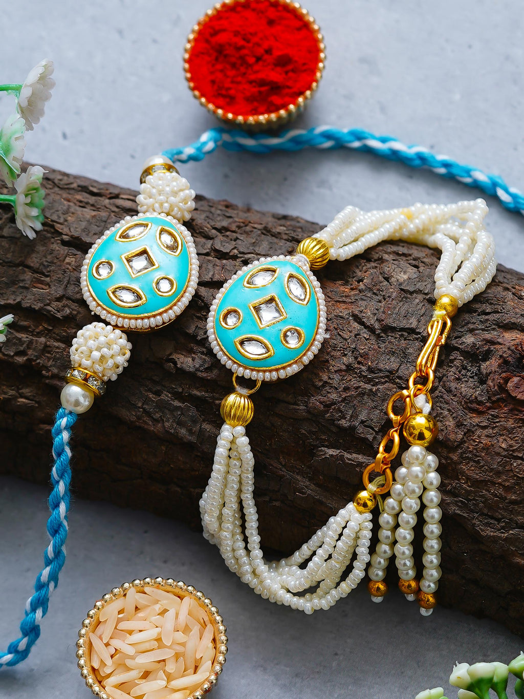 Traditional Pearl Rakhi & Bracelet Set with Kundan Work– Free Chawal & Kumkum