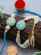 Traditional Pearl Rakhi & Bracelet Set with Kundan Work– Free Chawal & Kumkum