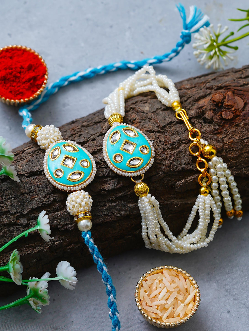 Traditional Pearl Rakhi & Bracelet Set with Kundan Work– Free Chawal & Kumkum