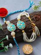 Traditional Pearl Rakhi & Bracelet Set with Kundan Work– Free Chawal & Kumkum