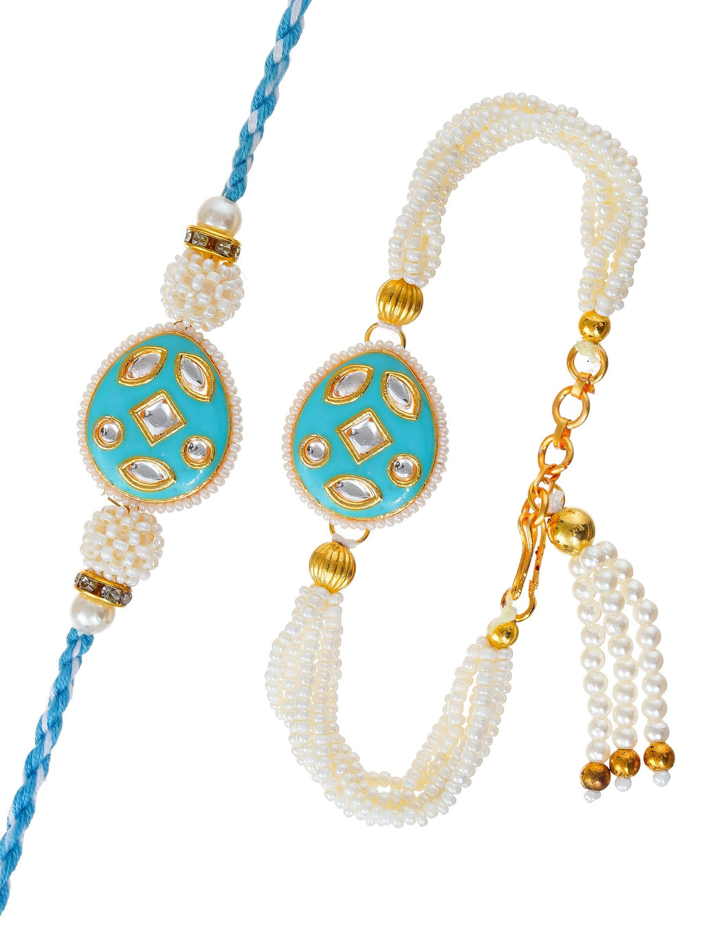 Traditional Pearl Rakhi & Bracelet Set with Kundan Work– Free Chawal & Kumkum