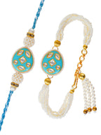Traditional Pearl Rakhi & Bracelet Set with Kundan Work– Free Chawal & Kumkum