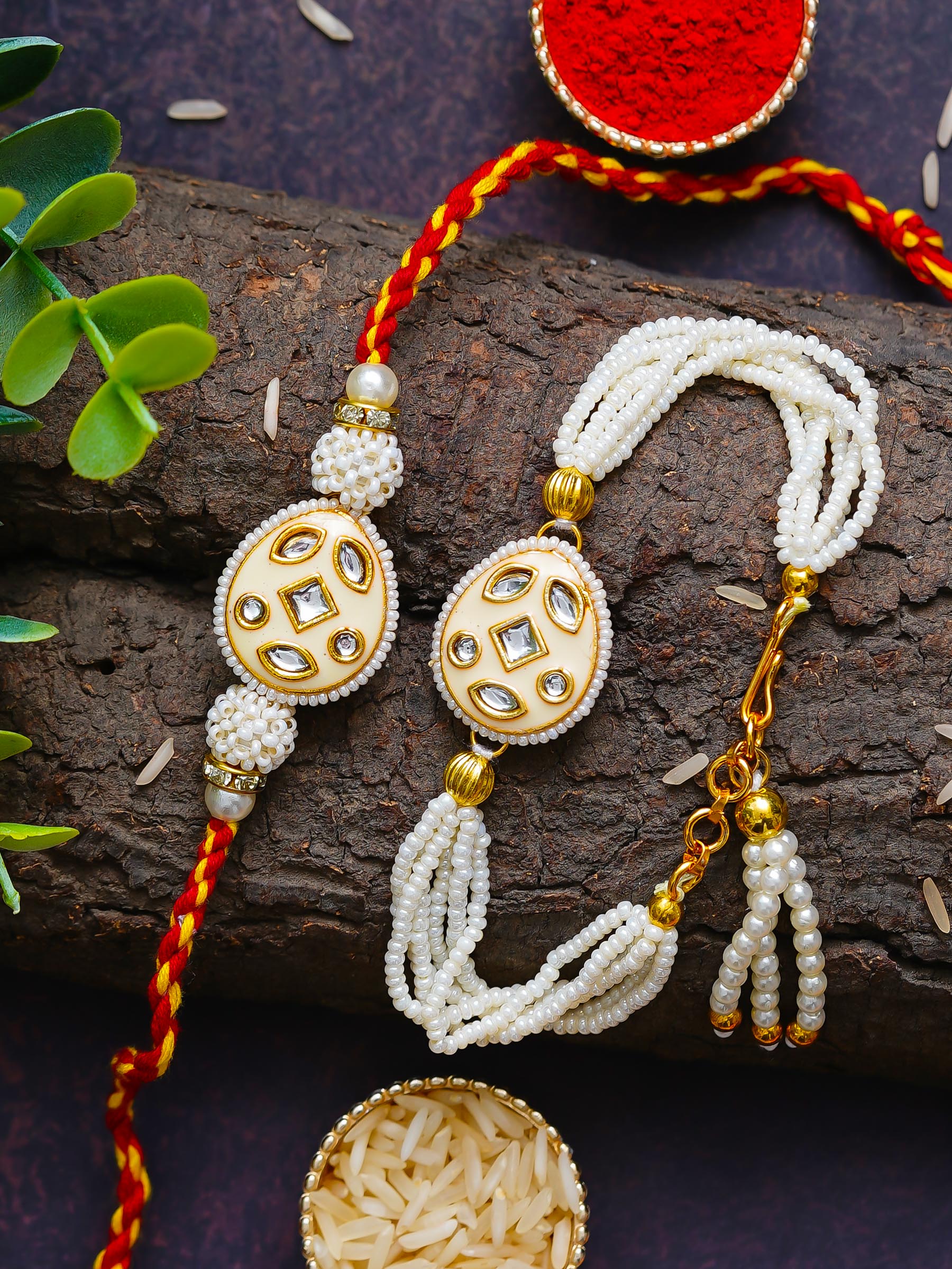 Traditional Pearl Rakhi & Bracelet Set with Kundan Work– Free Chawal & Kumkum