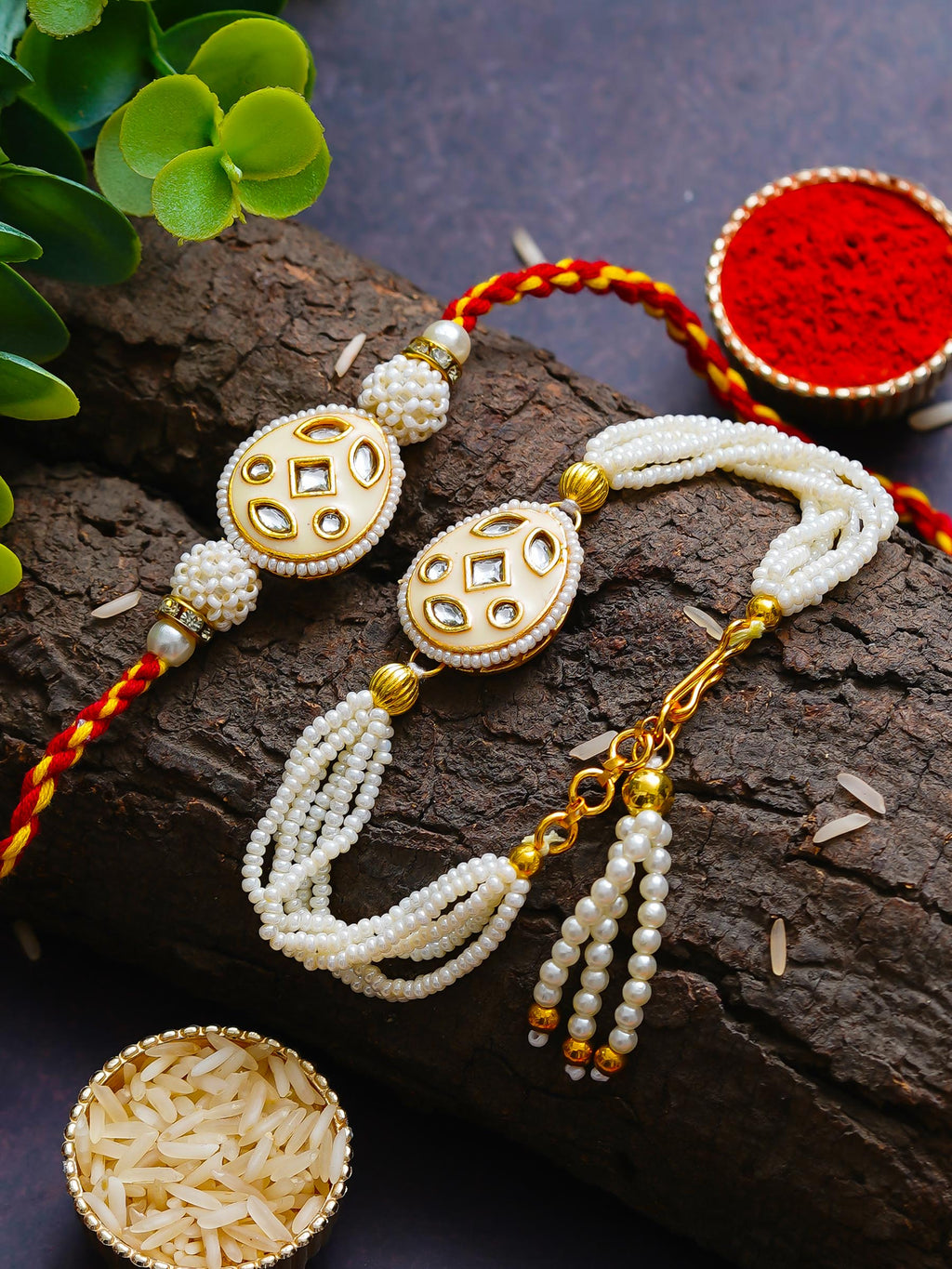 Traditional Pearl Rakhi & Bracelet Set with Kundan Work– Free Chawal & Kumkum