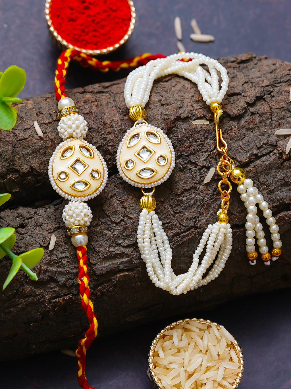 Traditional Pearl Rakhi & Bracelet Set with Kundan Work– Free Chawal & Kumkum