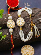 Traditional Pearl Rakhi & Bracelet Set with Kundan Work– Free Chawal & Kumkum