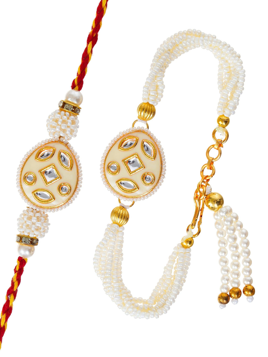 Traditional Pearl Rakhi & Bracelet Set with Kundan Work– Free Chawal & Kumkum