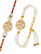 Traditional Pearl Rakhi & Bracelet Set with Kundan Work– Free Chawal & Kumkum