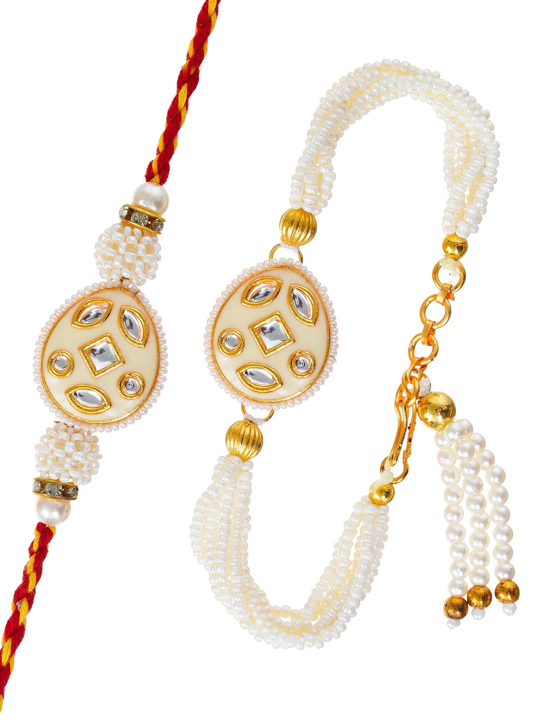 Traditional Pearl Rakhi & Bracelet Set with Kundan Work– Free Chawal & Kumkum