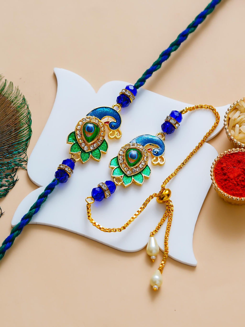 Peacock Design Rakhi & Bracelet Set – Free Chawal & Kumkum
