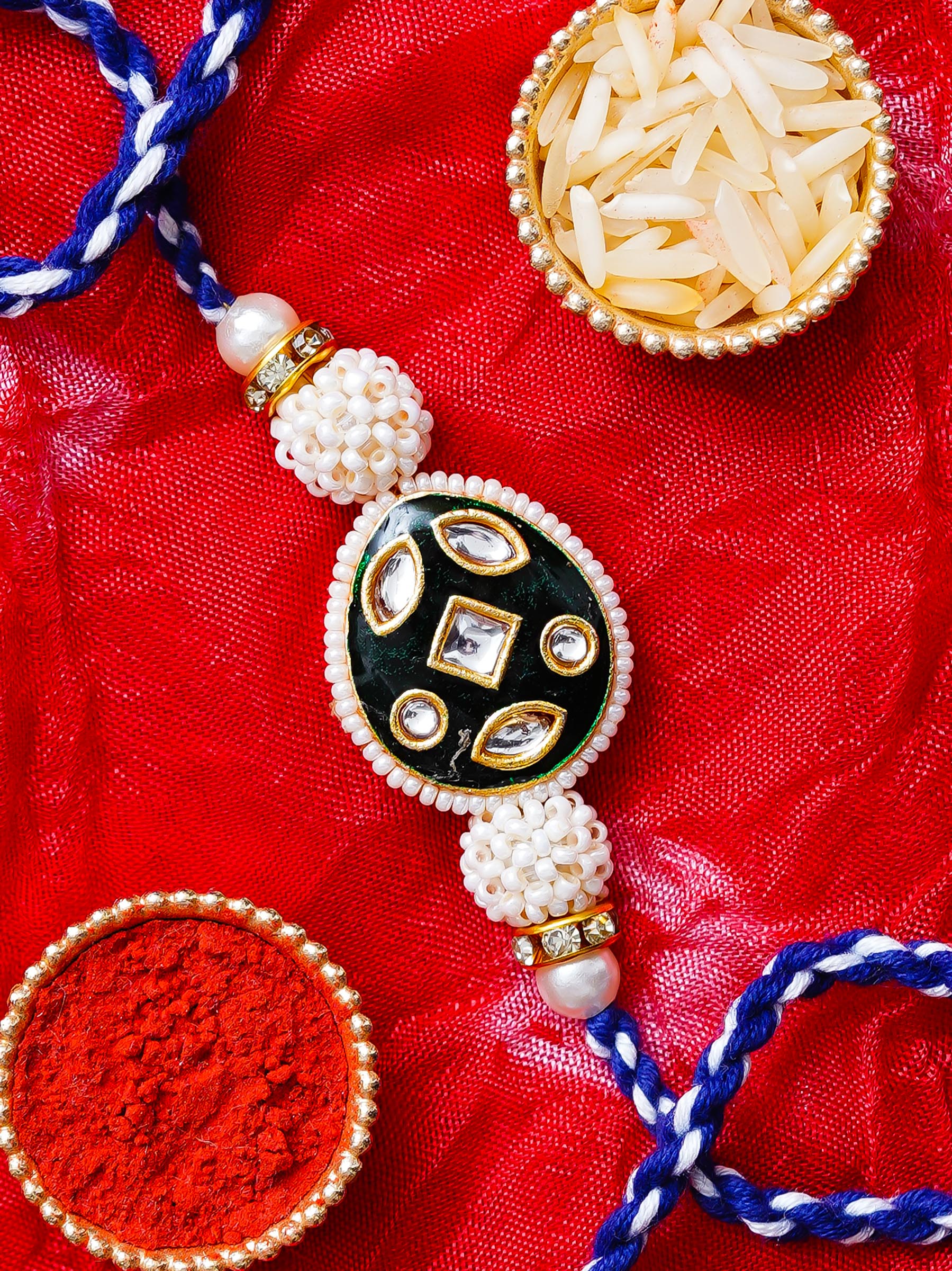 Kundan Pearl Rakhi – Free Chawal & Kumkum